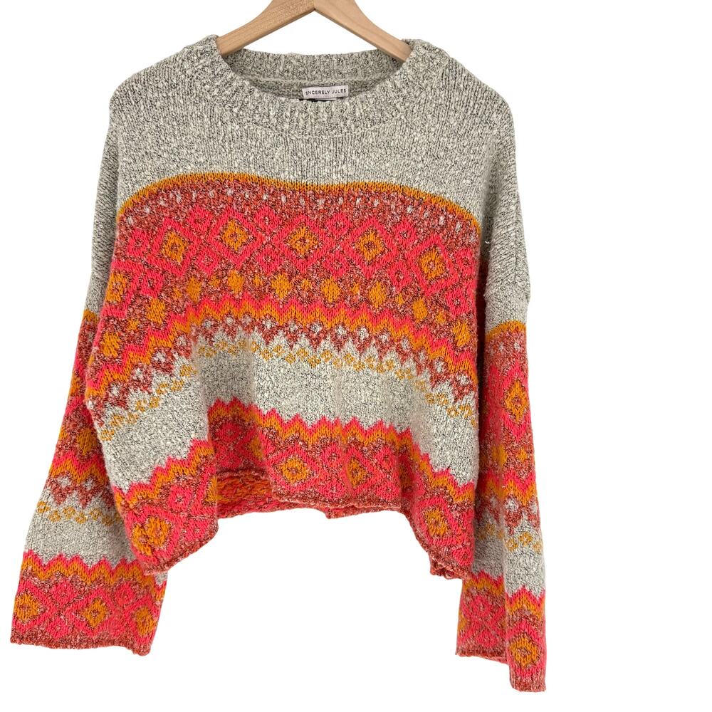 Sincerely Jules Womens L Cropped Knit Sweater Striped Boho Fall Pullover